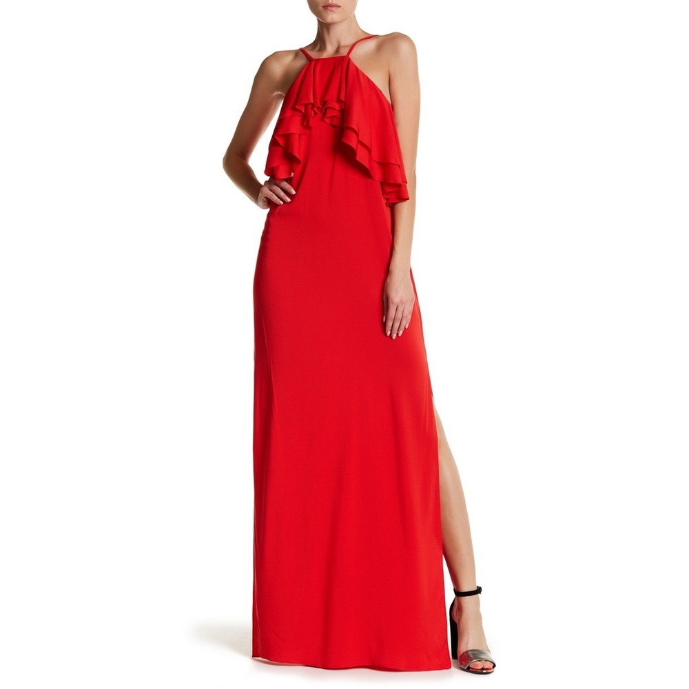 Black Halo Adala Maxi Dress Red Sz L Halter Ruffle Formal Evening Gown Guest